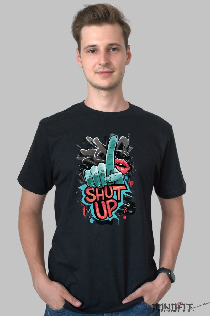 Tricou cu Aplicatii "SHUT UP" barbat negru fata