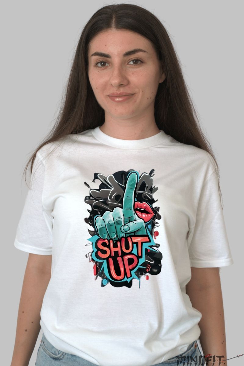 Tricou cu Aplicatii "SHUT UP" dama alb fata