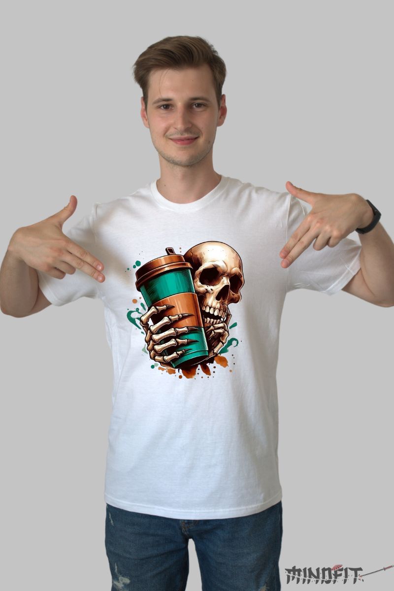 Tricou cu Aplicatii "Skull & Coffe" barbat alb fata