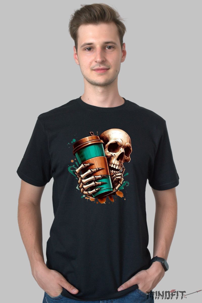 Tricou cu Aplicatii "Skull & Coffe" barbat negru fata