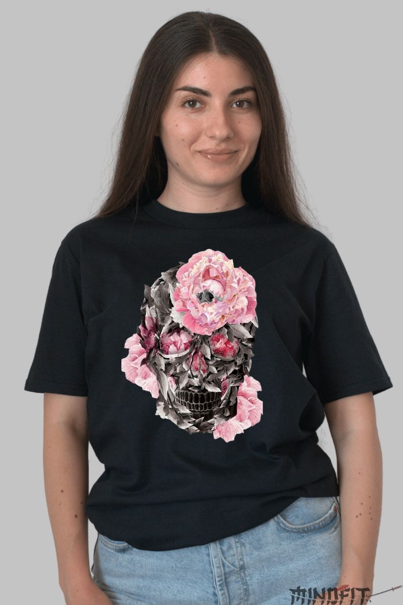 Tricou cu Aplicatii "Skull in Bloom" dama negru fata