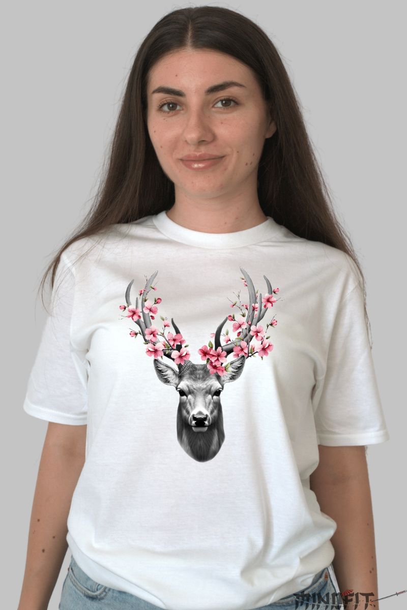 Tricou cu Aplicatii "Spring Stag" dama alb fata