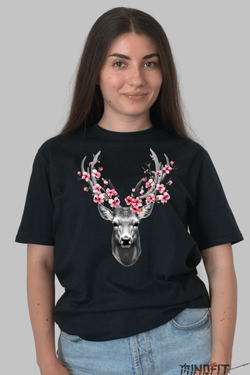 Tricou cu Aplicatii "Spring Stag" dama negru fata