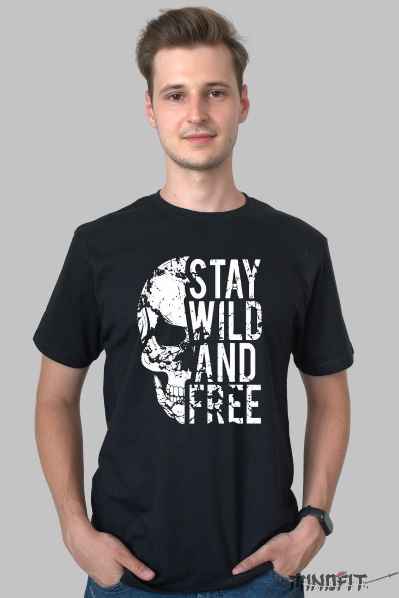 Tricou cu Aplicatii "Stay Wild And Free" barbat negru fata