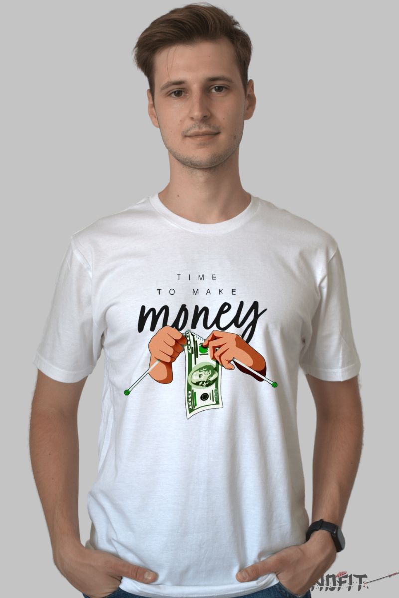 Tricou cu Aplicatii "Time to Make Money" barbat alb fata