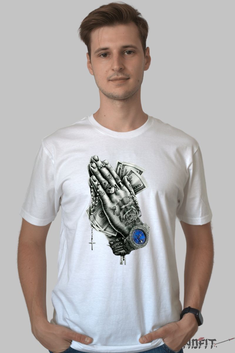 Tricou cu Aplicatii "Trust" barbat alb fata