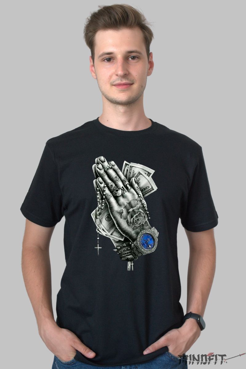 Tricou cu Aplicatii "Trust" barbat negru fata