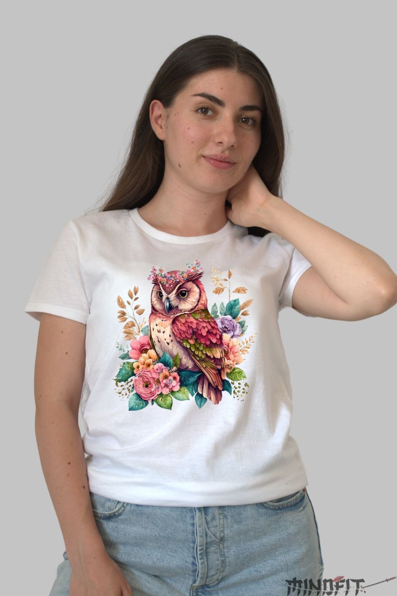 Tricou cu Bufnita Multicolora dama alb fata