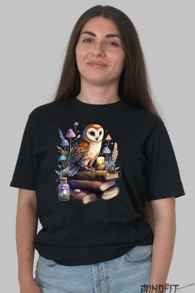 Tricou cu Bufnita si Carti dama negru fata