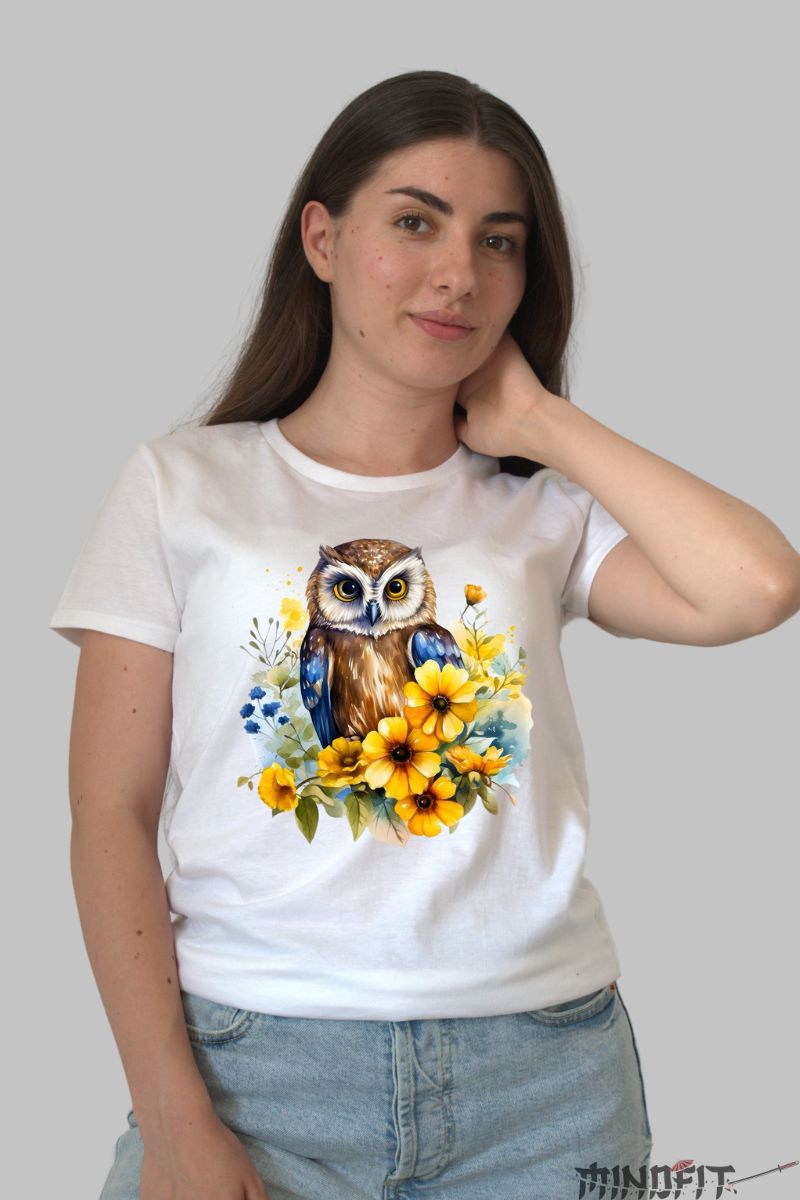 Tricou cu Bufnita si Flori Galbene dama alb fata
