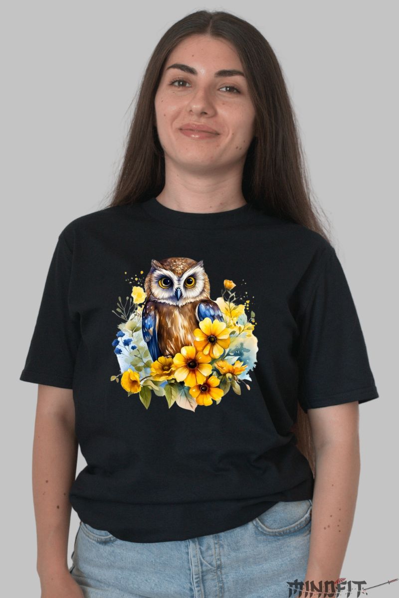 Tricou cu Bufnita si Flori Galbene dama negru fata