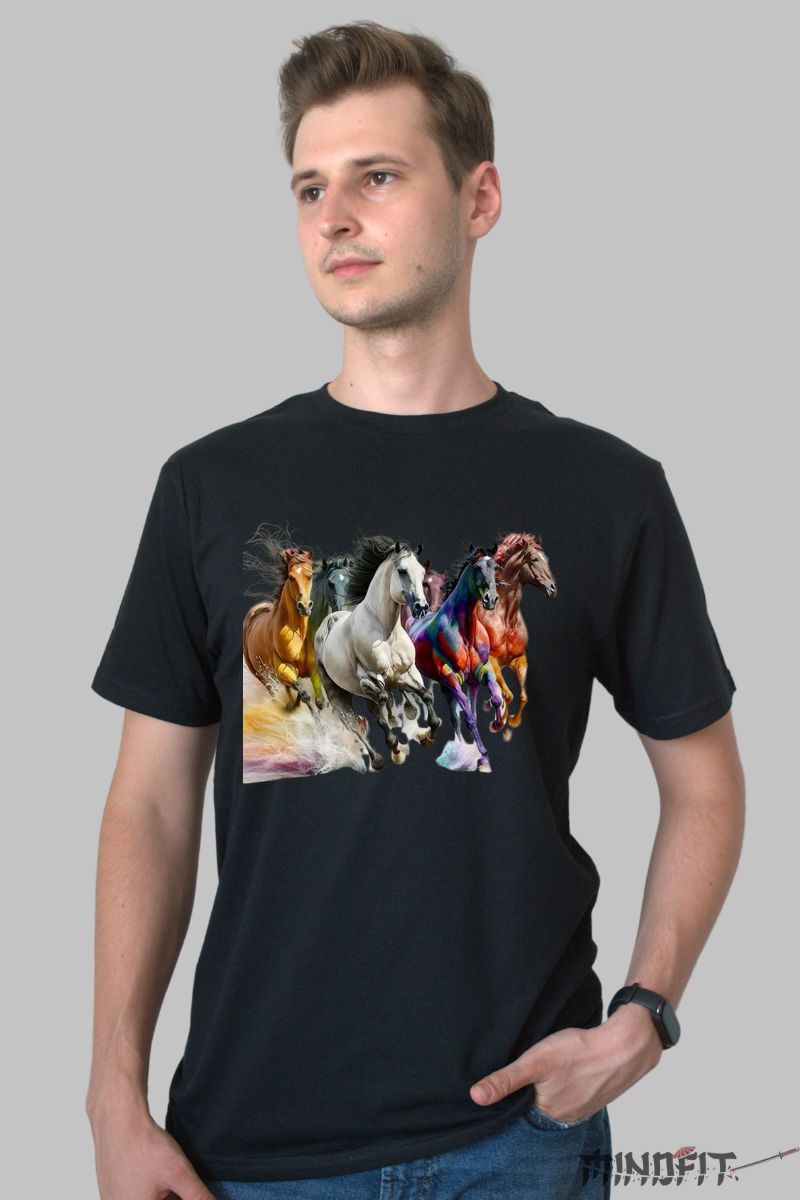 Tricou cu Cai Viu Colorati barbat negru fata