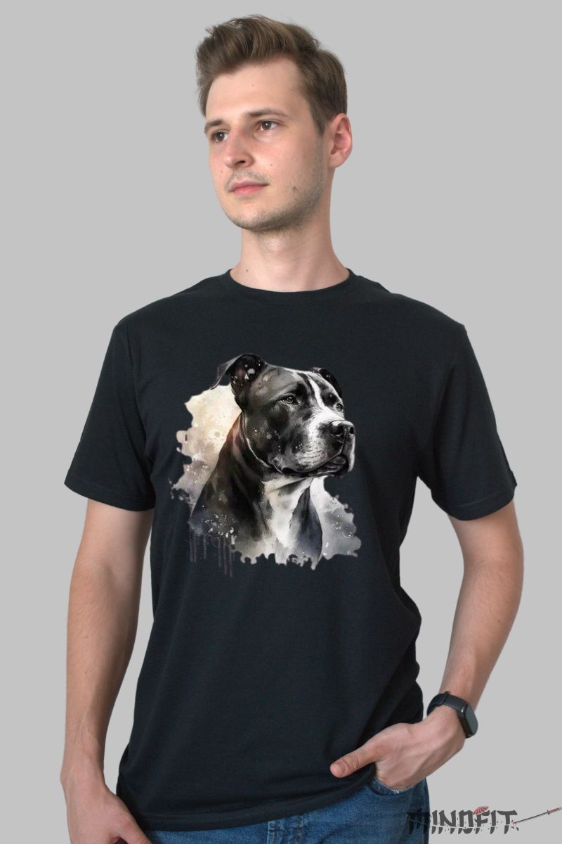 Tricou cu Caine Amstaff Negru barbat negru fata