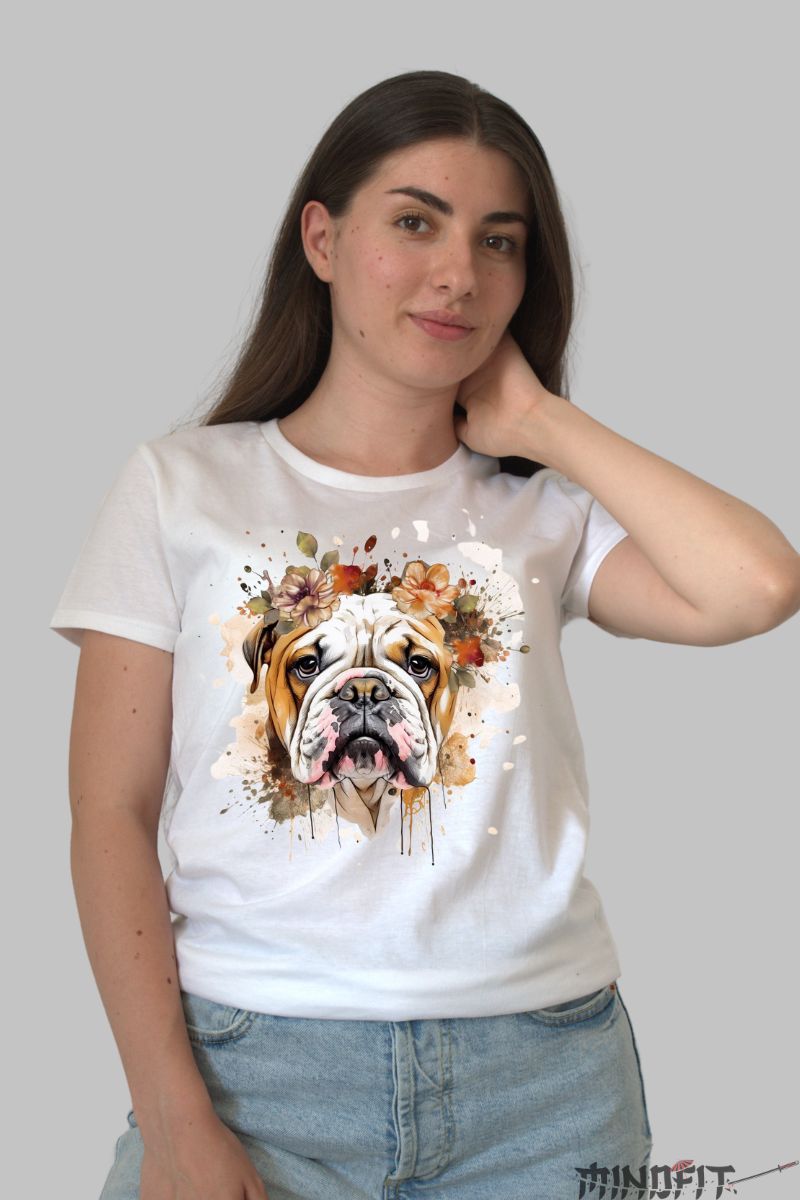 Tricou cu Caine Bulldog Bosumflat dama alb fata