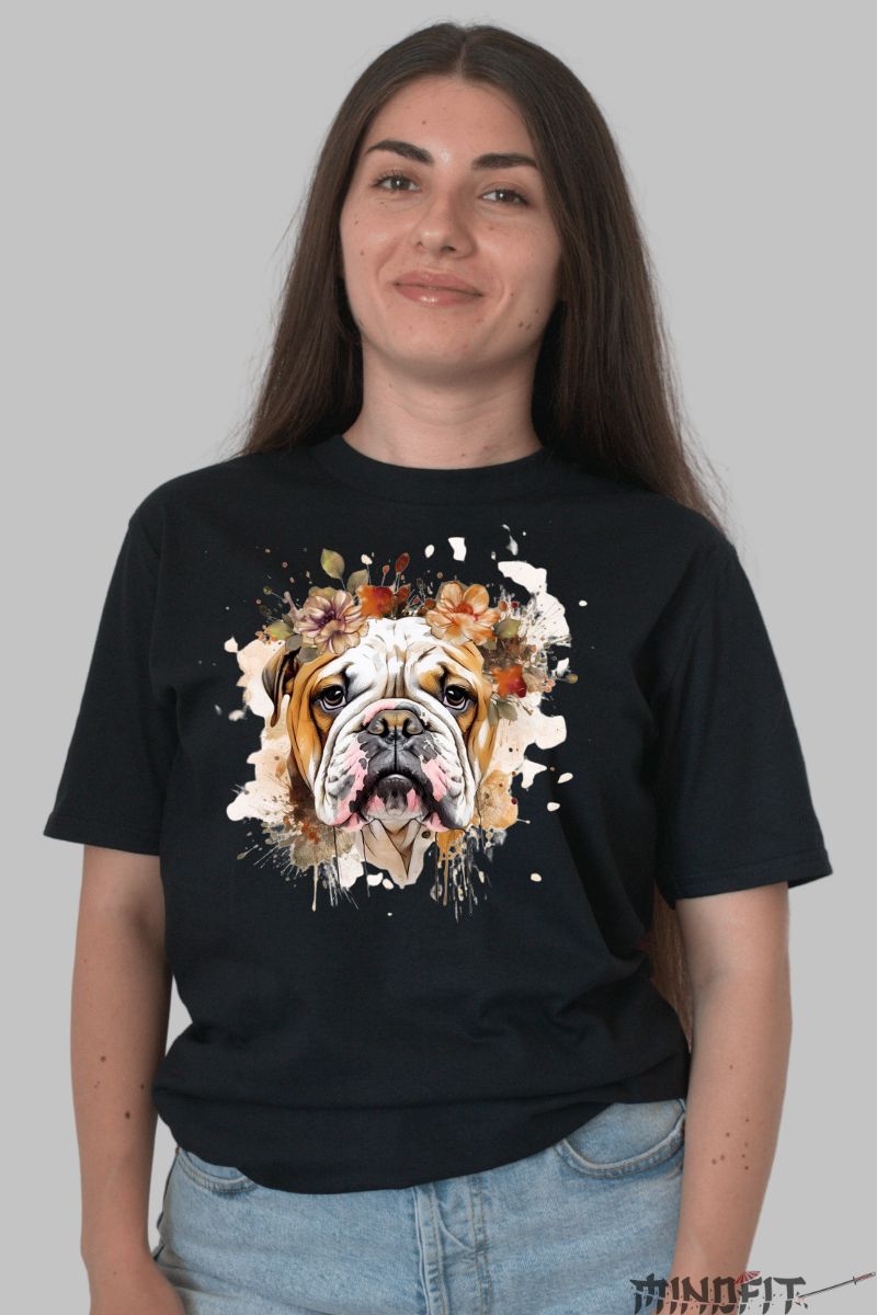 Tricou cu Caine Bulldog Bosumflat dama negru fata