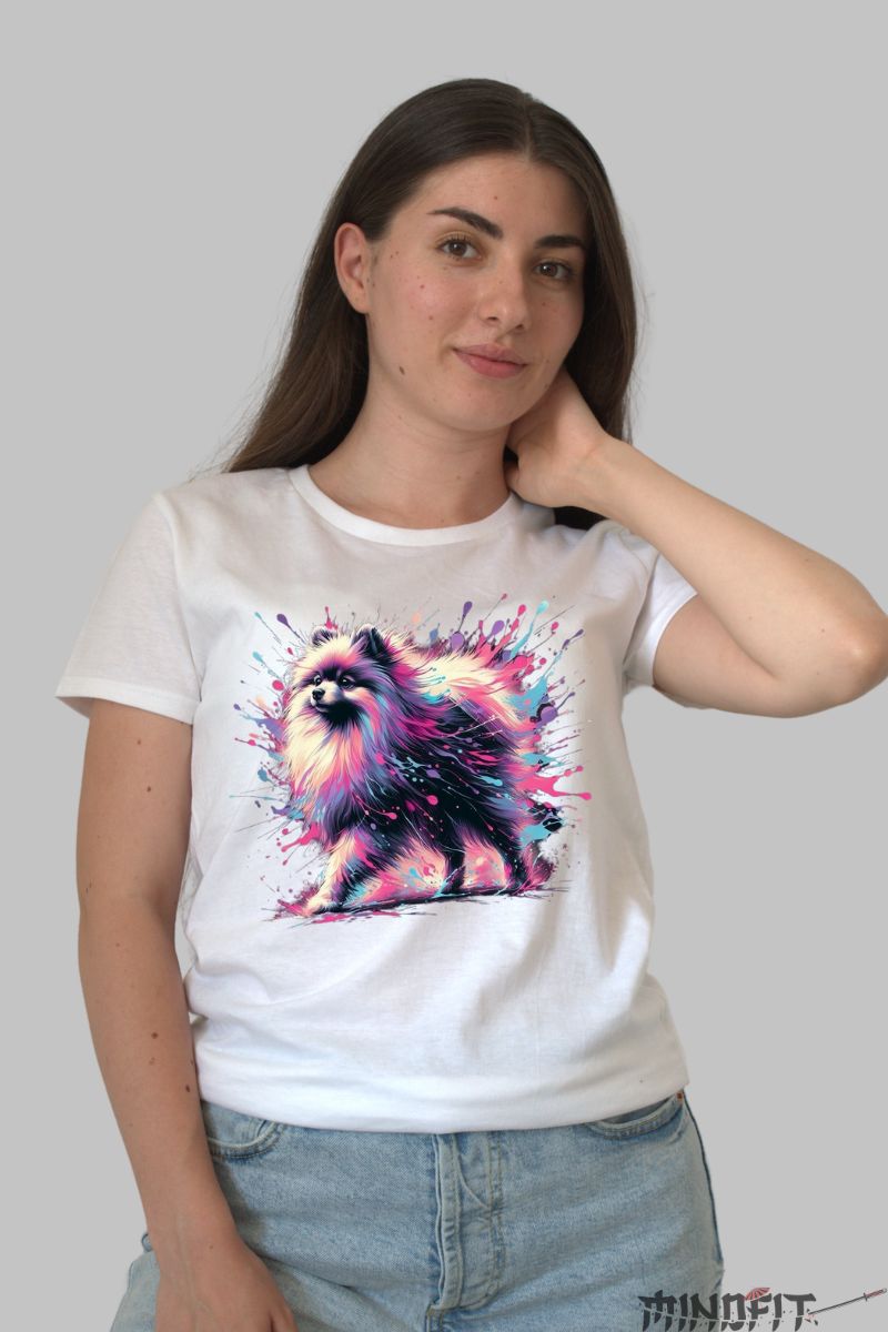 Tricou cu Caine - Explozie de culoare dama alb fata