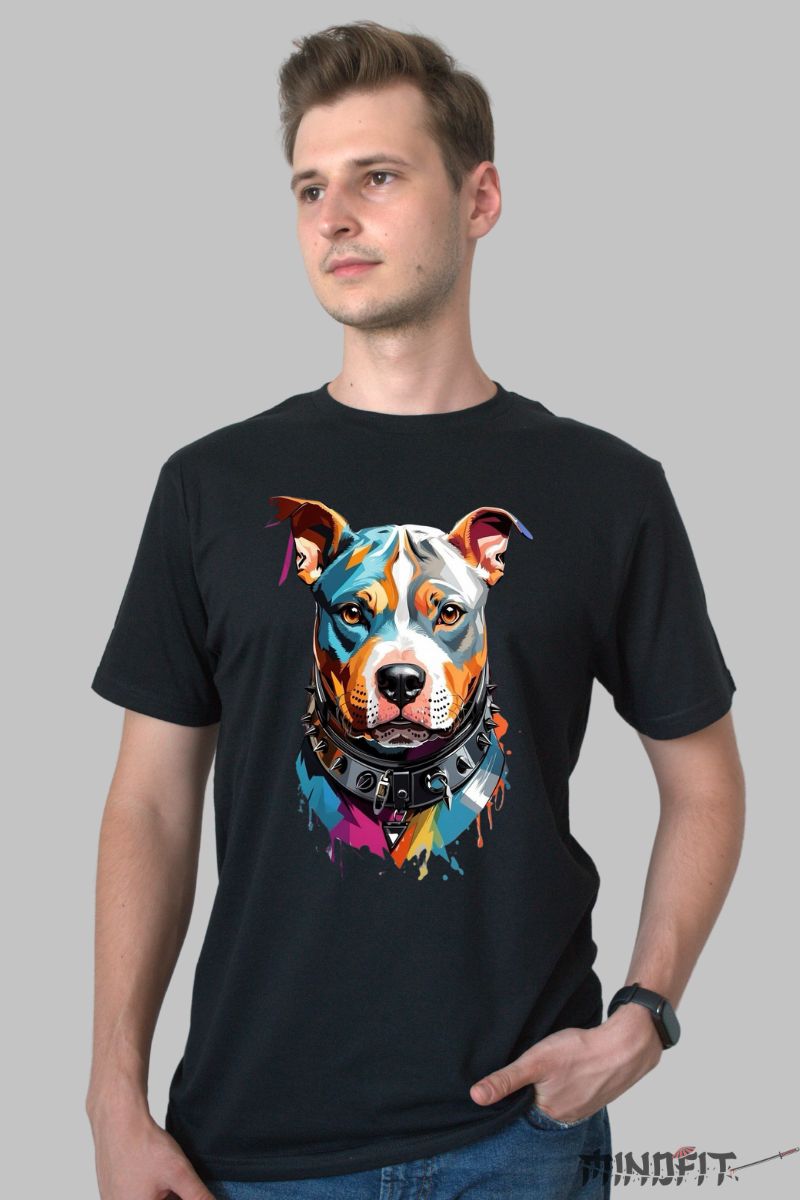 Tricou cu Caine Multicolor barbat negru fata