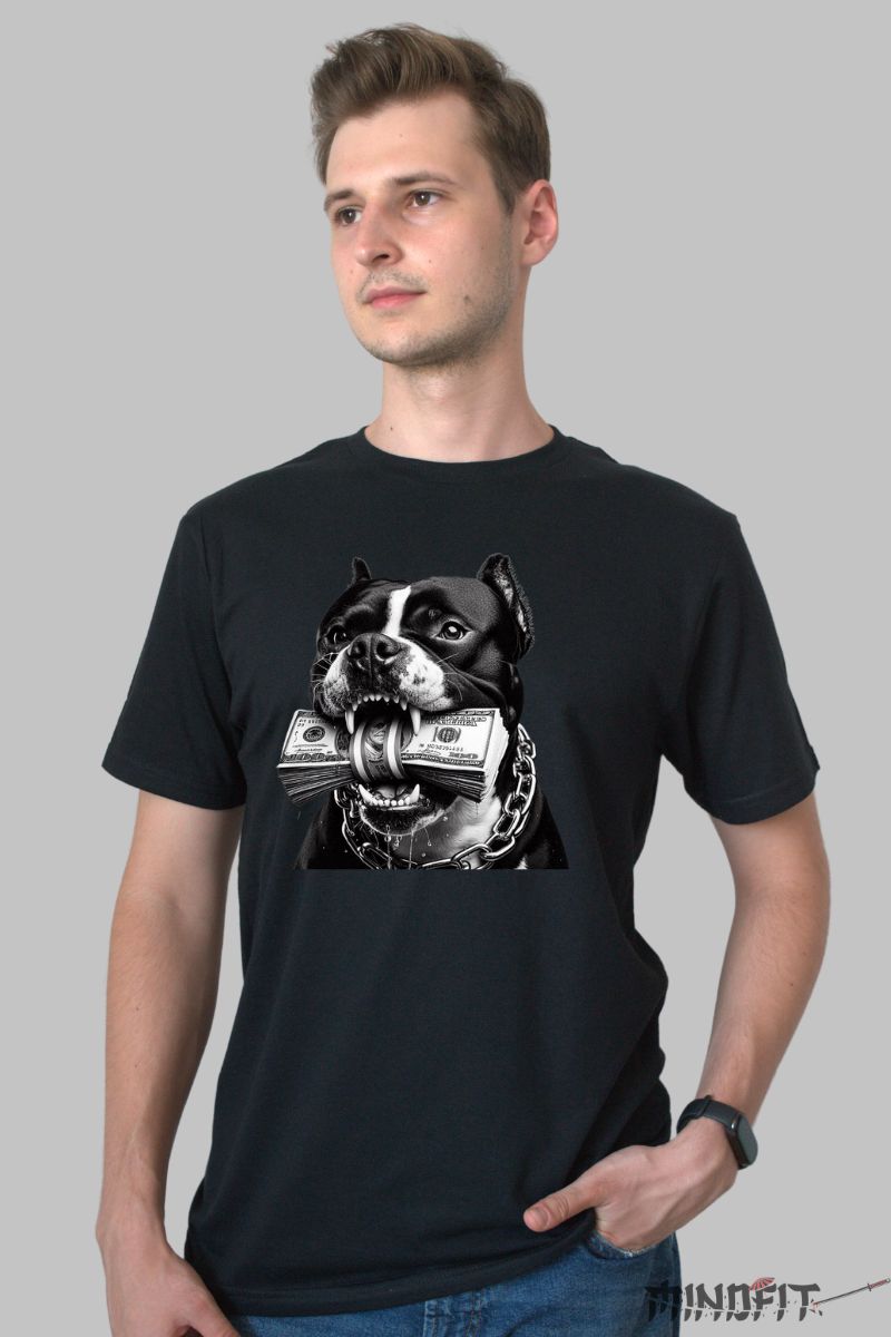 Tricou cu Caine Pitbull si Bani barbat negru fata