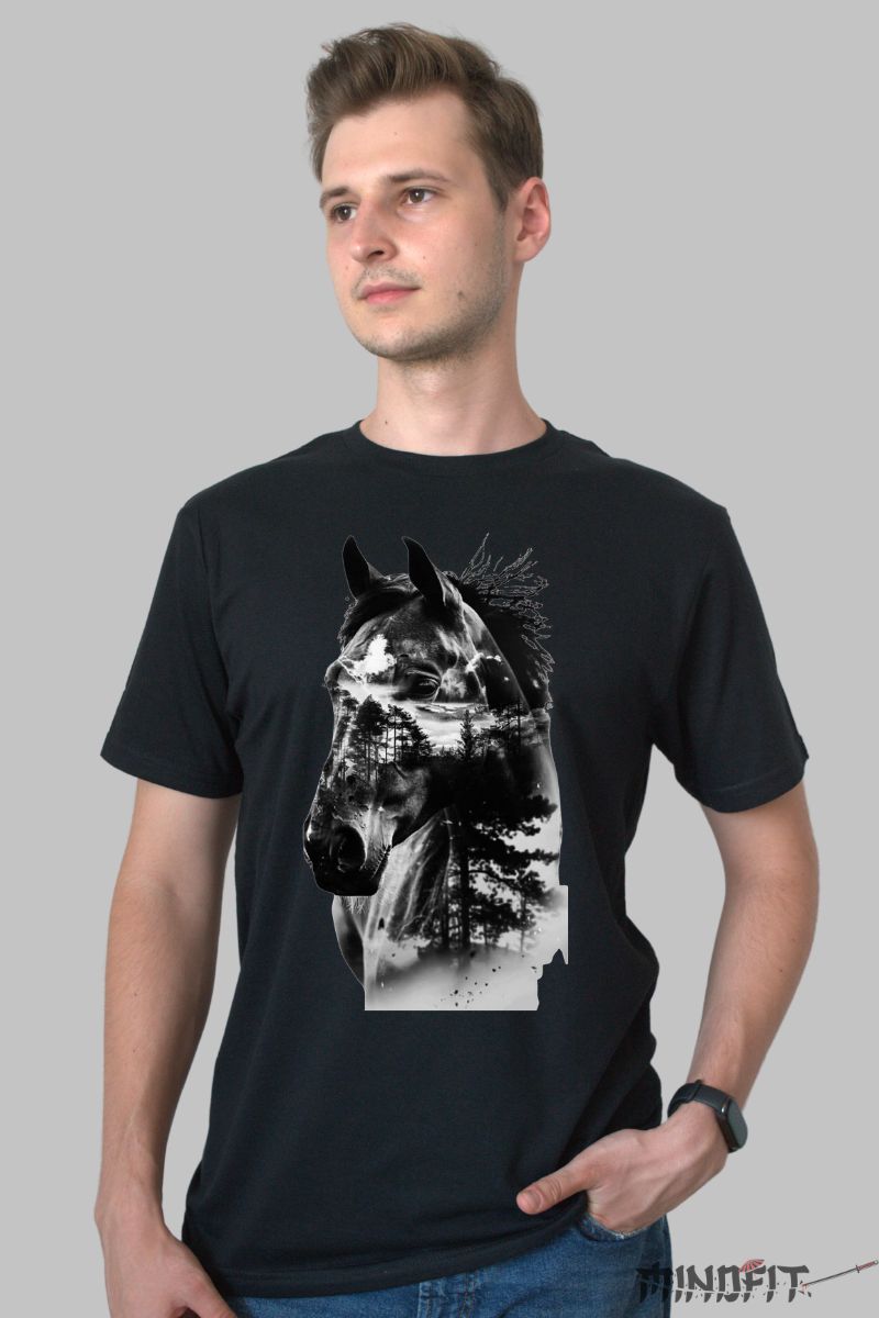 Tricou cu Cal "Inima Naturii" barbat negru fata
