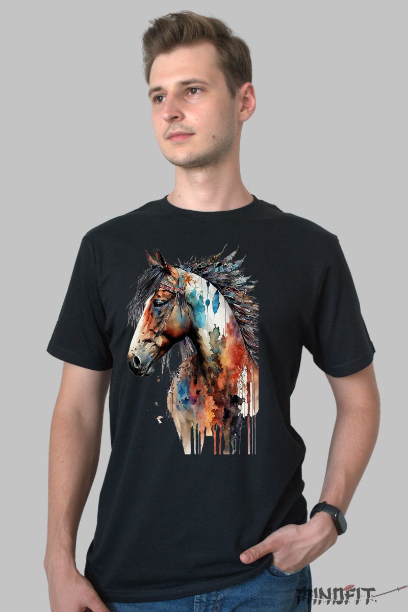 Tricou cu Cal Multicolor barbat negru fata