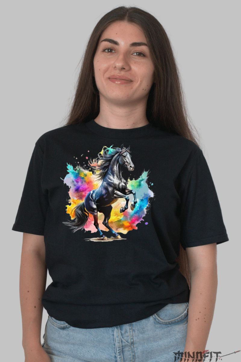 Tricou cu Cal Negru - Model Multicolor dama negru fata