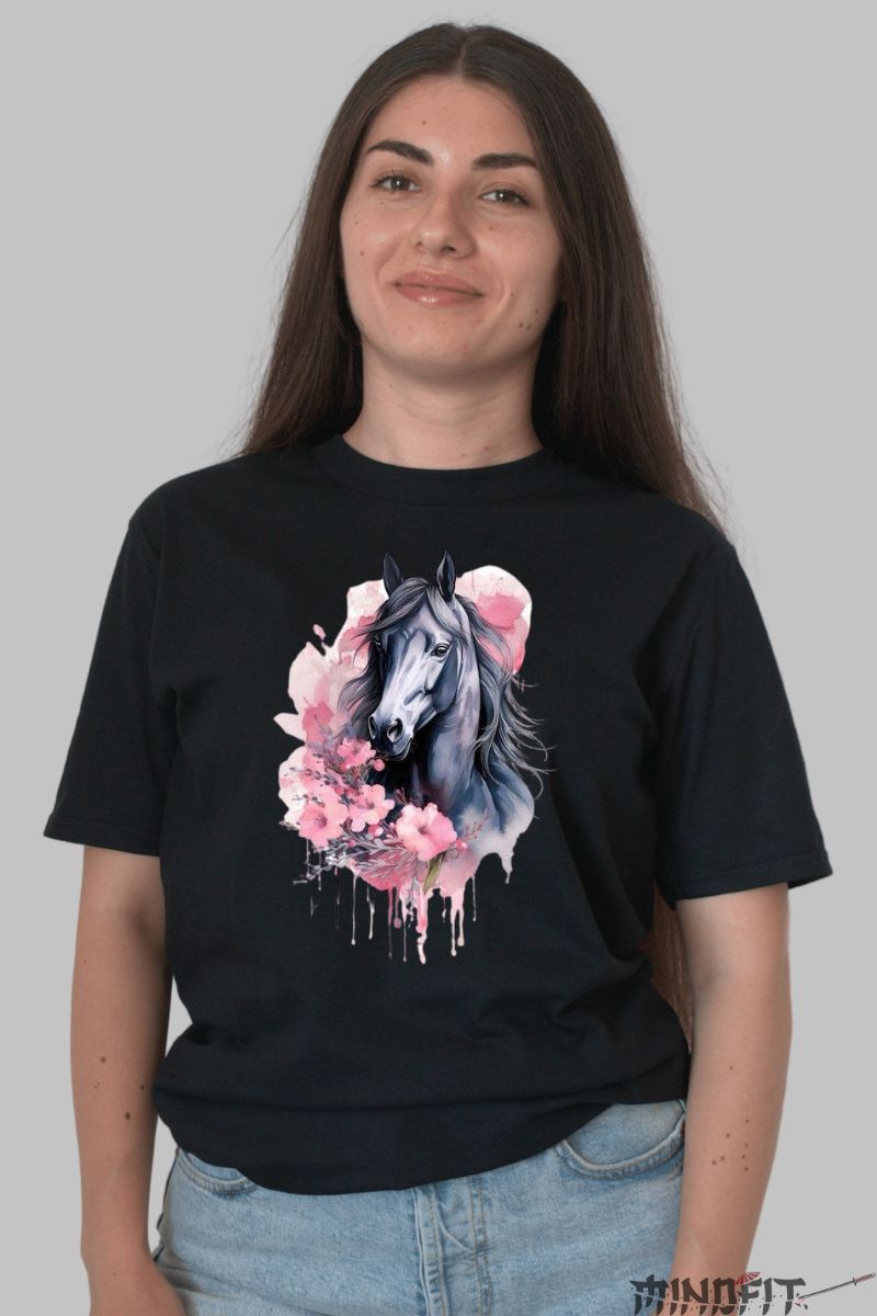 Tricou cu Cal Primavaratic dama negru fata