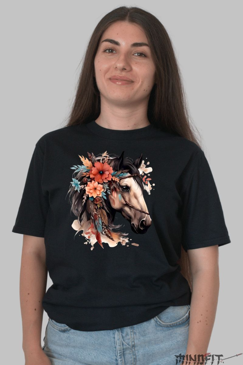 Tricou cu Cal Tribal dama negru fata