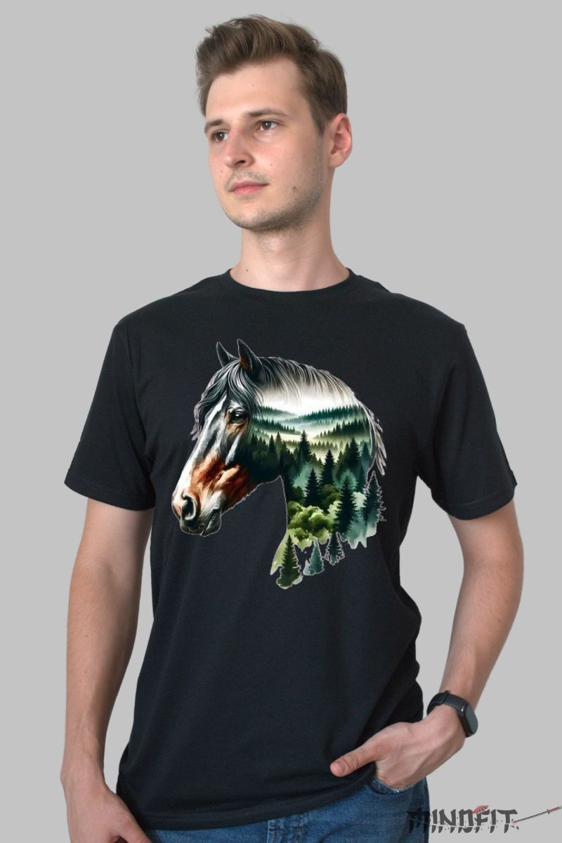 Tricou cu Cal si Brazi barbat negru fata