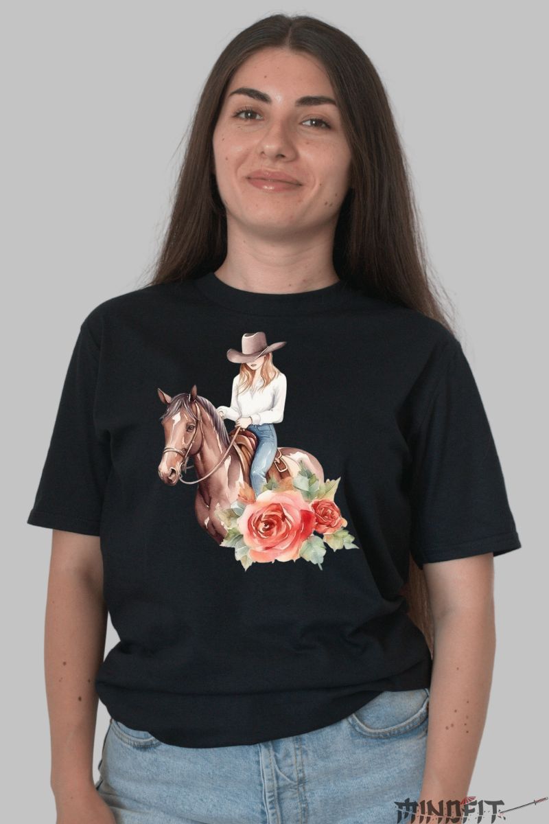 Tricou cu Cal si Calareata dama negru fata