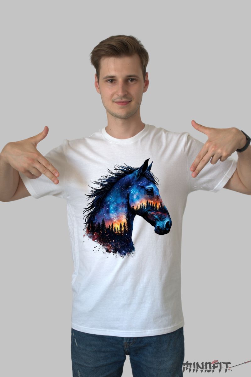 Tricou cu Cal si Natura Nocturna barbat alb fata