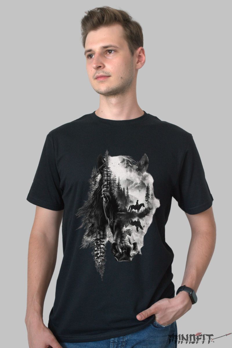 Tricou cu Cal si Peisaj Montan barbat negru fata