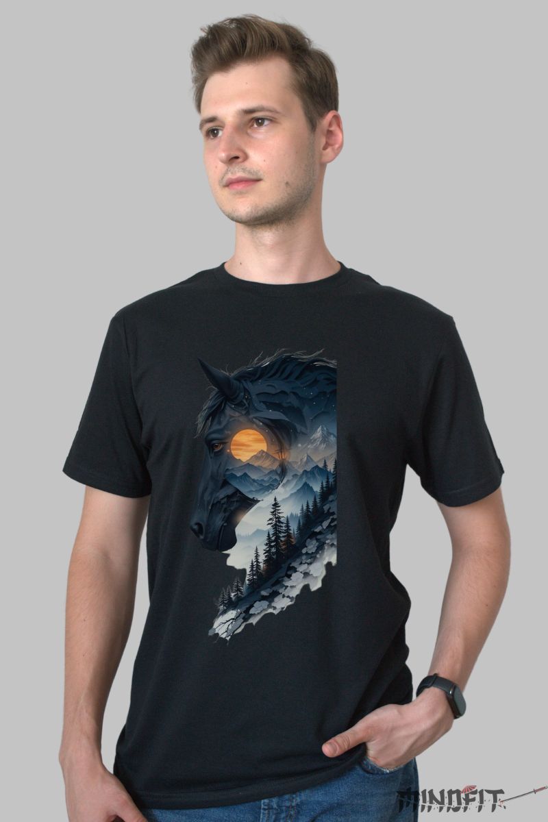 Tricou cu Cal si Peisaj Nocturn barbat negru fata