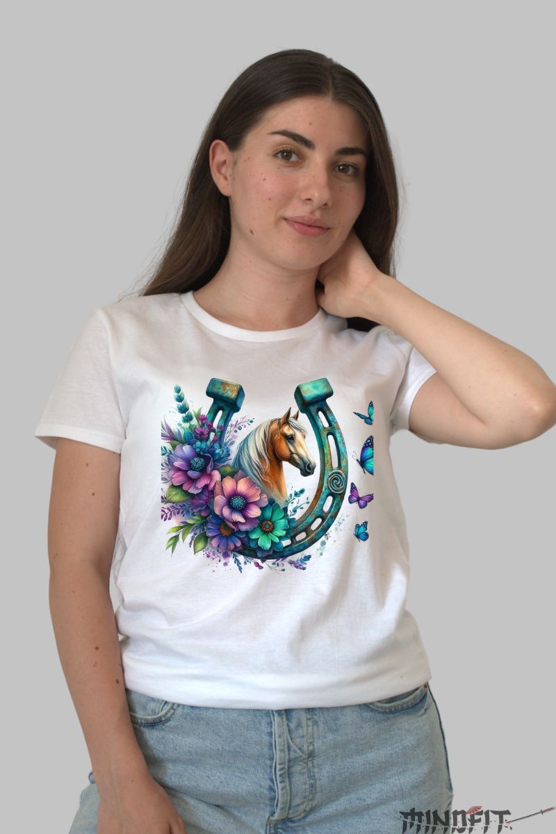 Tricou cu Cal si Potcoava dama alb fata