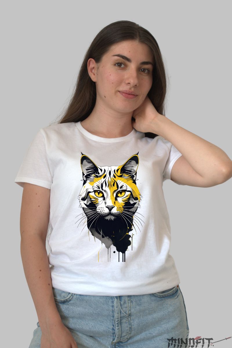Tricou cu Cap de Pisica Colorat dama alb fata