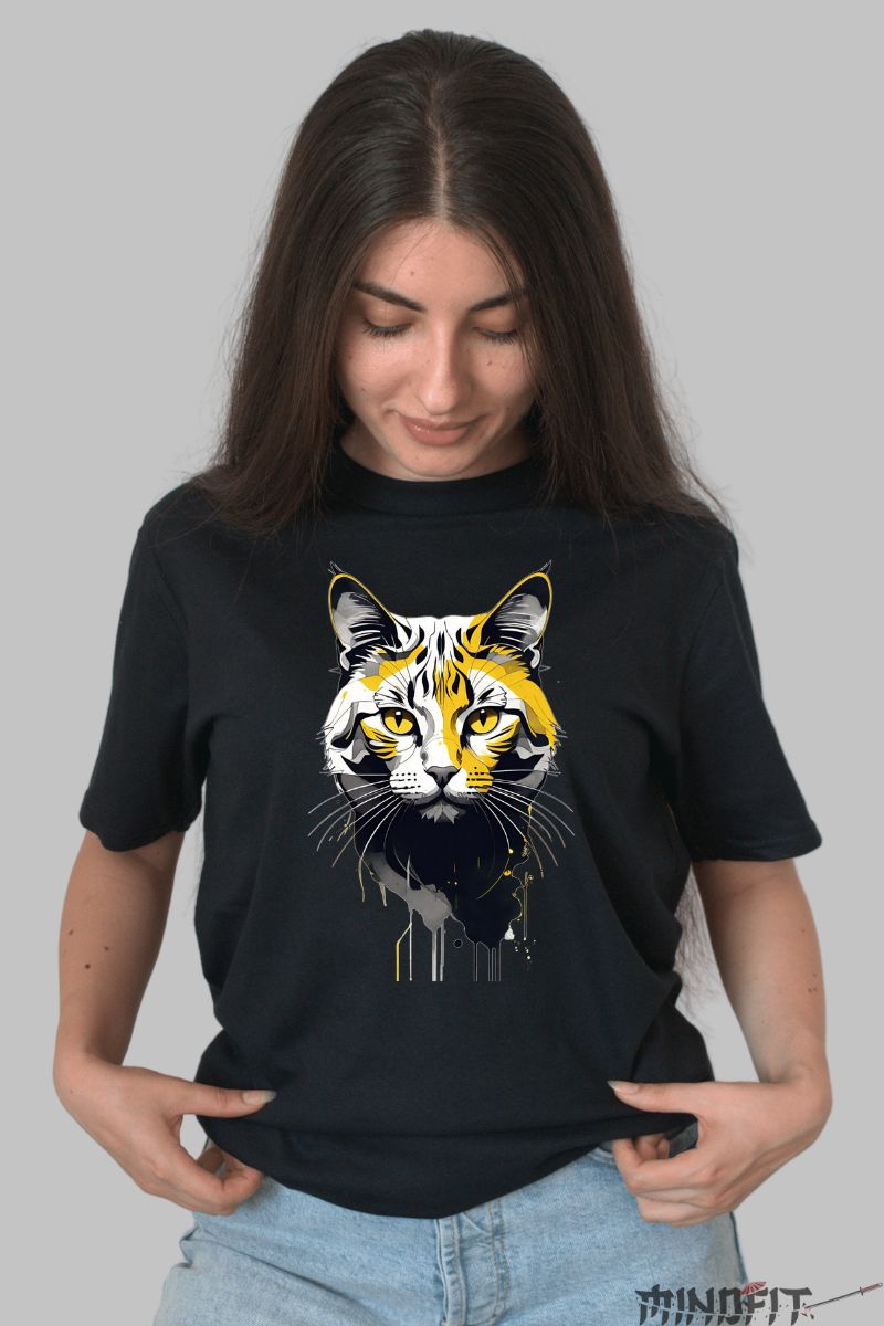 Tricou cu Cap de Pisica Colorat dama negru fata
