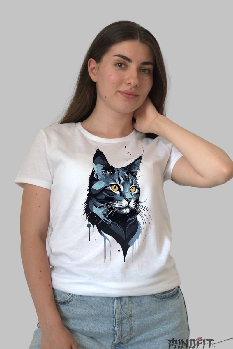 Tricou cu Cap de Pisica dama alb fata