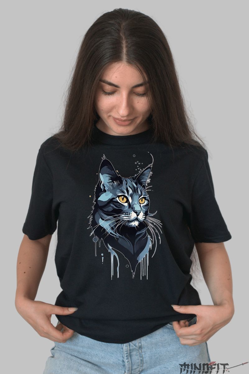 Tricou cu Cap de Pisica dama negru fata