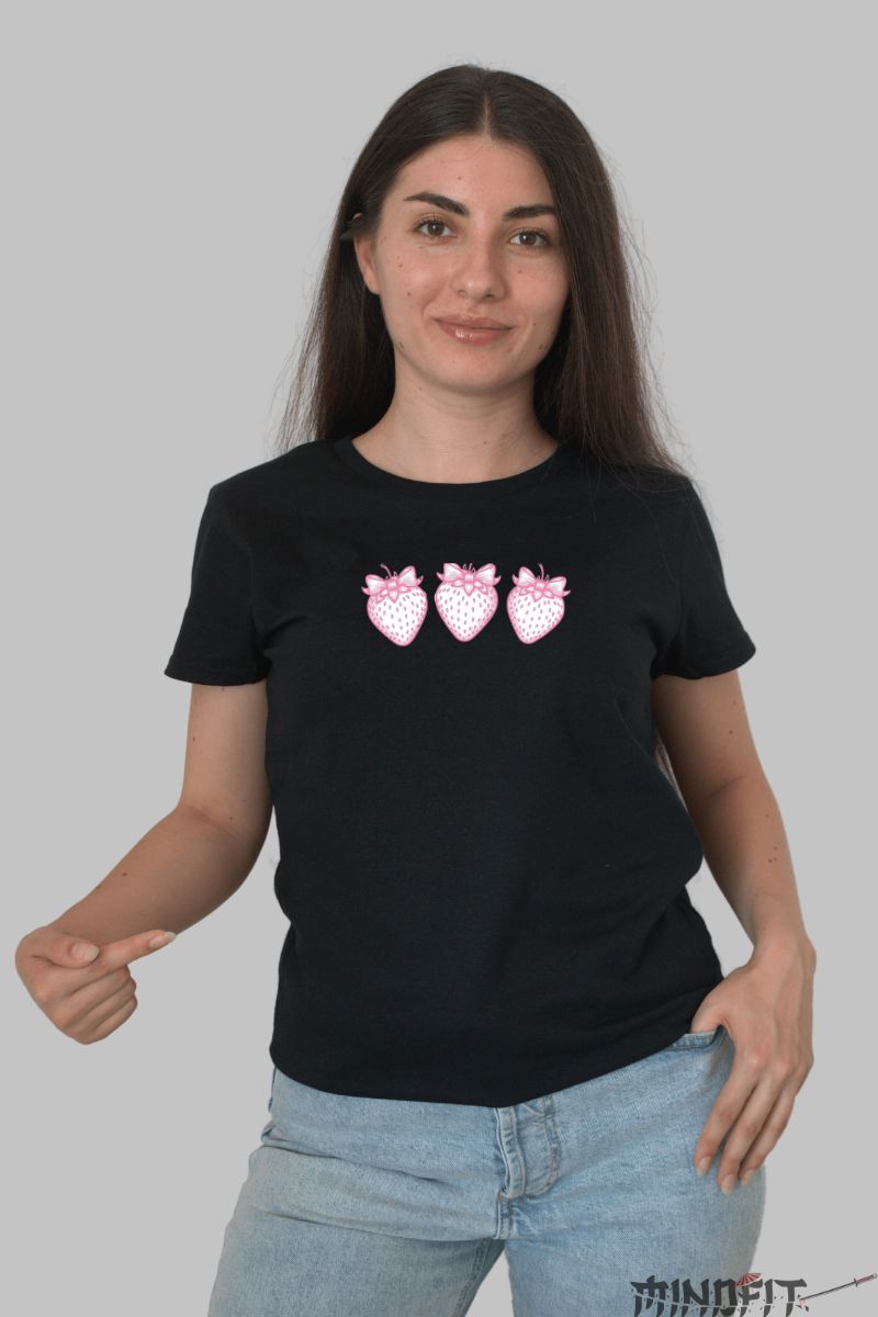 Tricou cu Capsuna dama negru fata 2