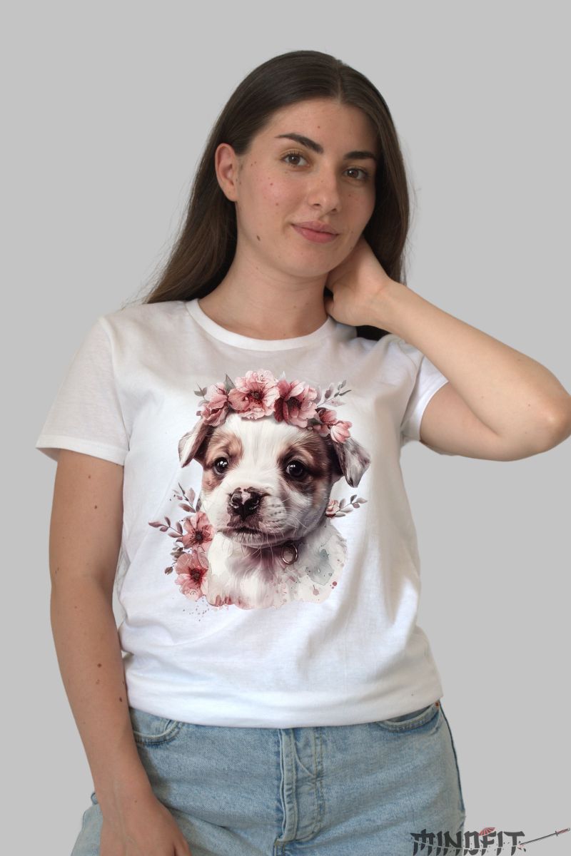 Tricou cu Catel Lup si Flori dama alb fata
