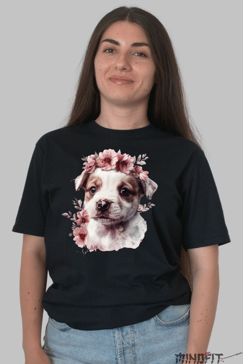 Tricou cu Catel Lup si Flori dama negru fata