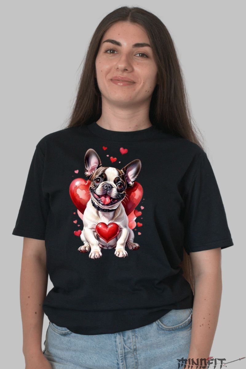 Tricou cu Catel Simpatic si Inimi dama negru fata