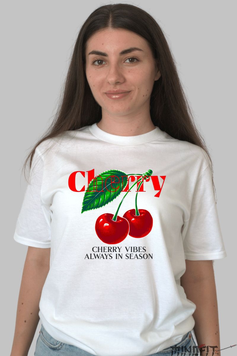 Tricou cu Cirese Rosii dama alb