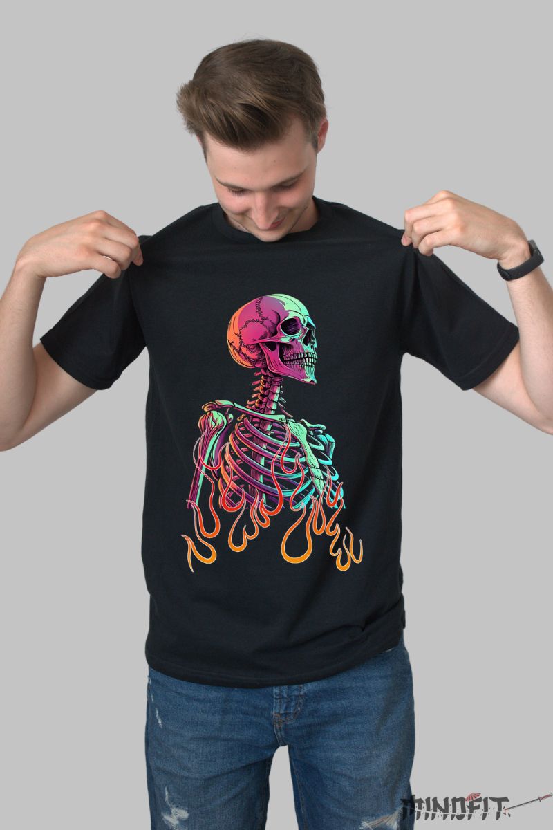 Tricou cu Craniu in Flacari barbat negru fata