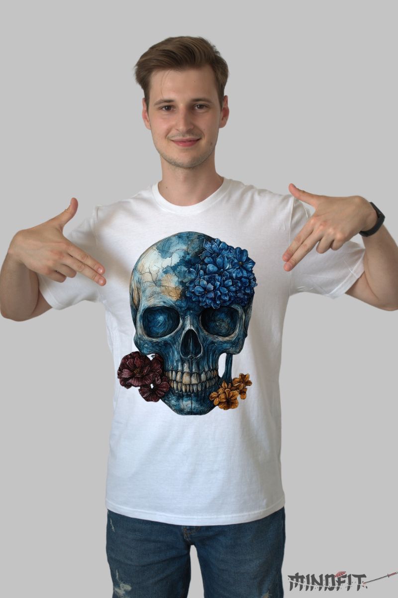Tricou cu Craniu si Flori barbat alb fata