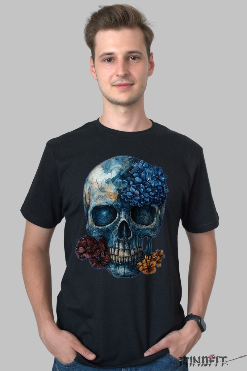 Tricou cu Craniu si Flori barbat negru fata