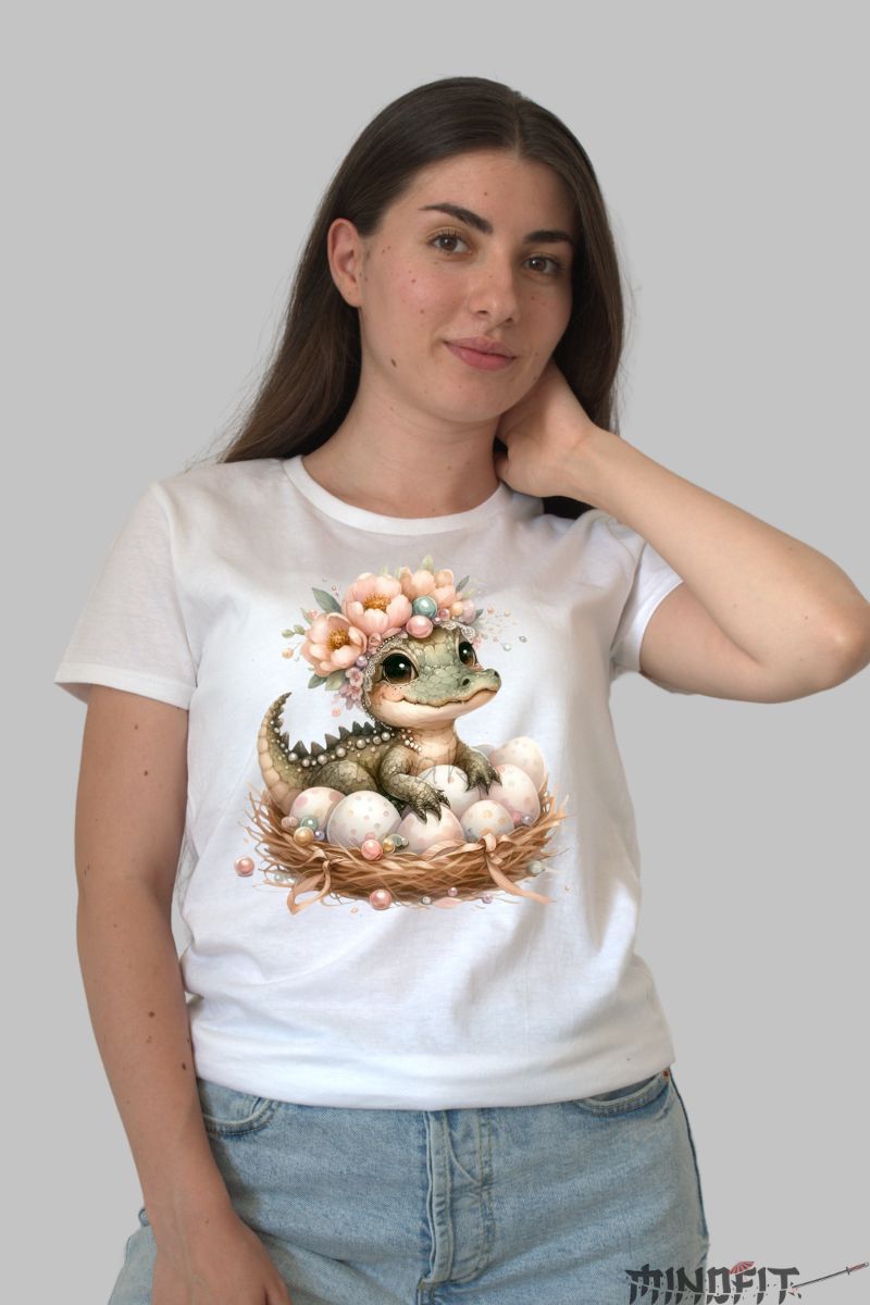 Tricou cu Crocodil Simpatic dama alb fata