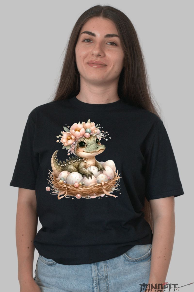Tricou cu Crocodil Simpatic dama negru fata