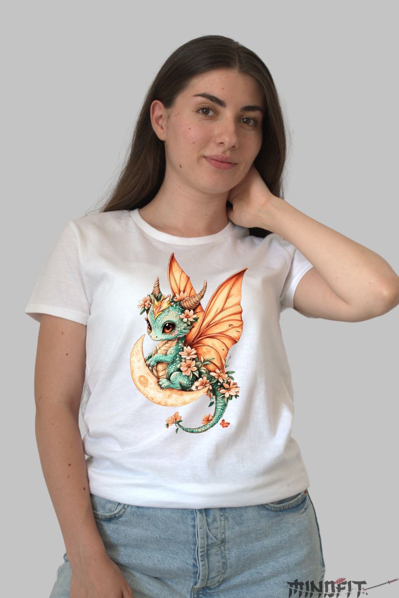 Tricou cu Dragon Cute dama alb fata