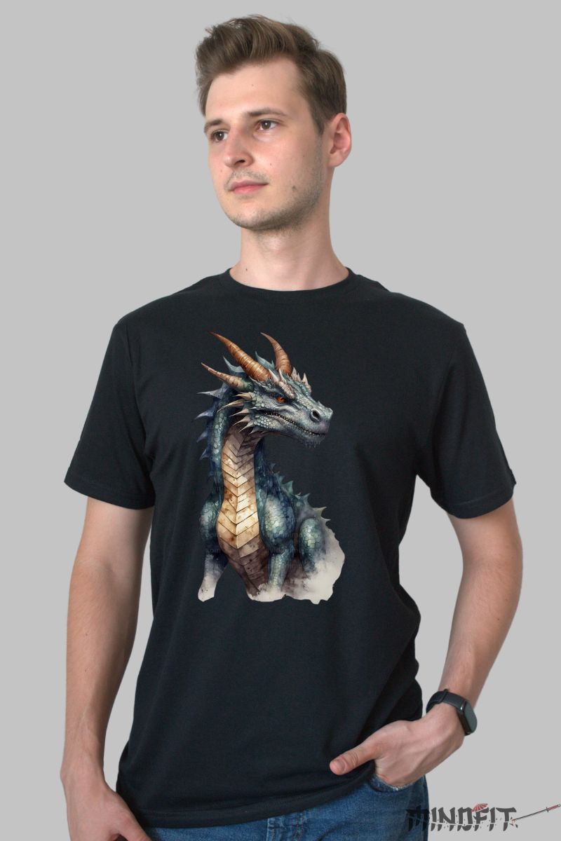 Tricou cu Dragon Feroce barbat negru fata