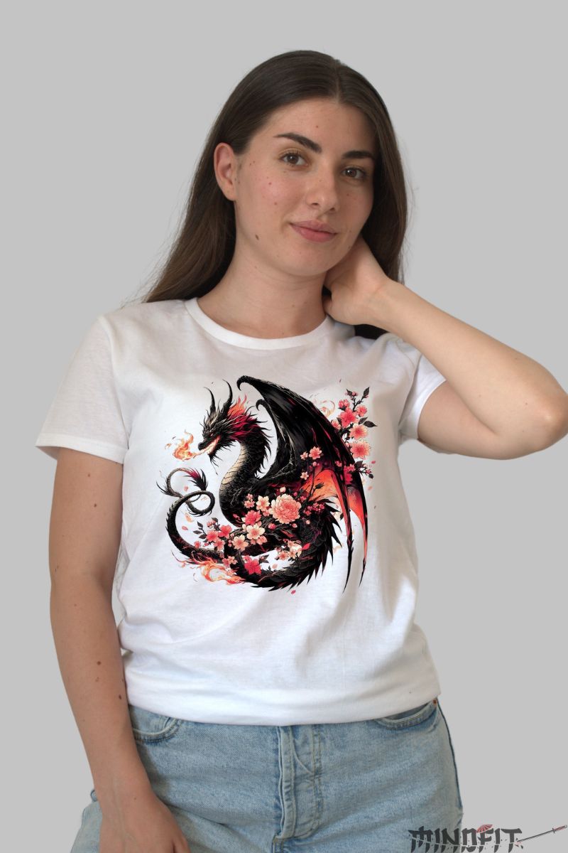 Tricou cu Dragon Negru dama alb fata